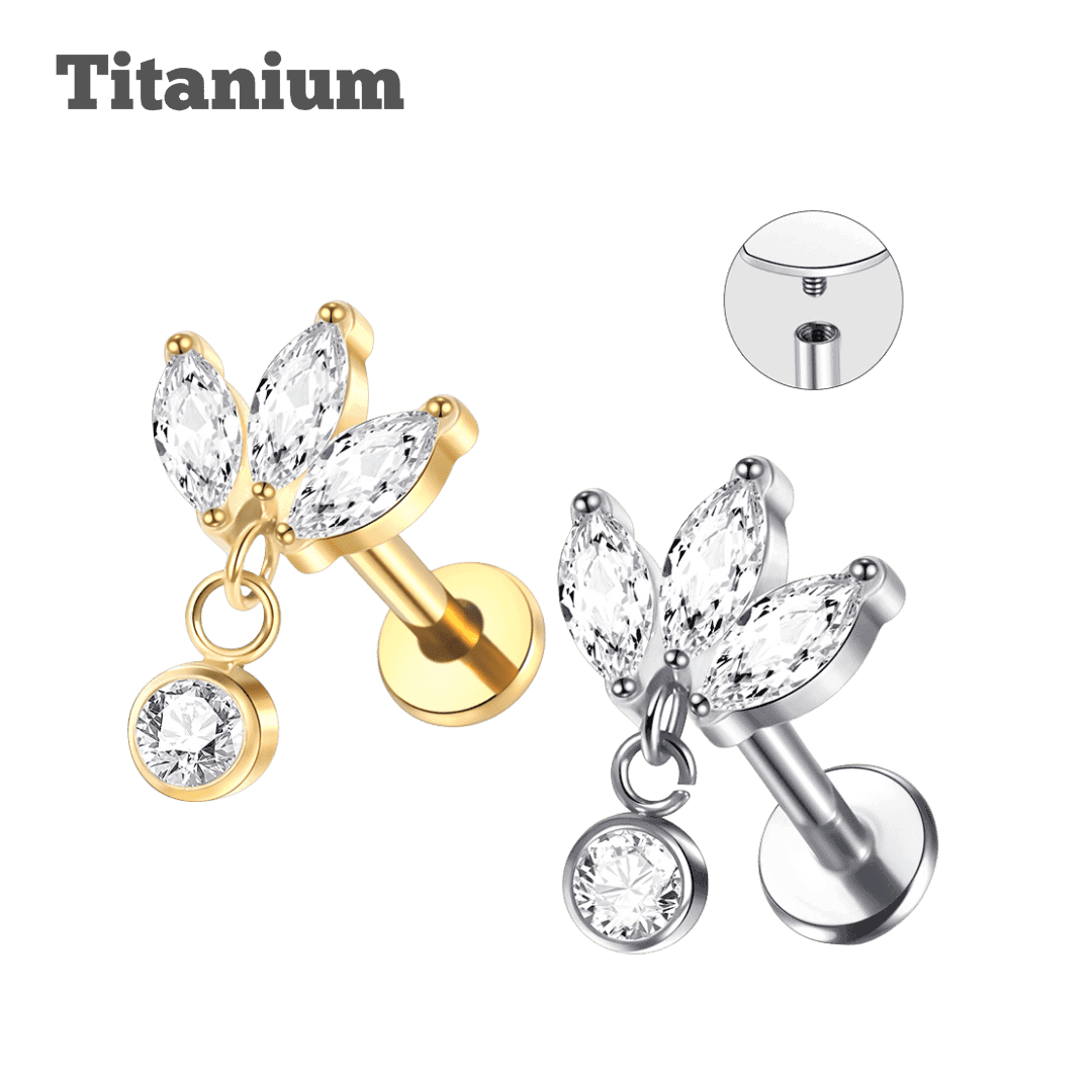 lotus with dangling round gem earring for lobe and flat piercing