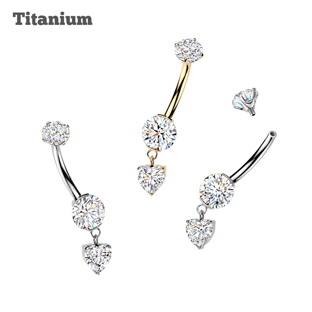 Titanium Pronged with Dangling Heart Belly Barbell