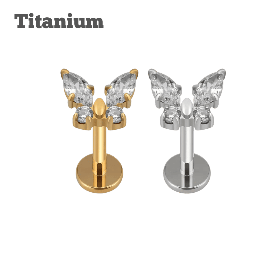 titanium butterfly gem threaded labret earring