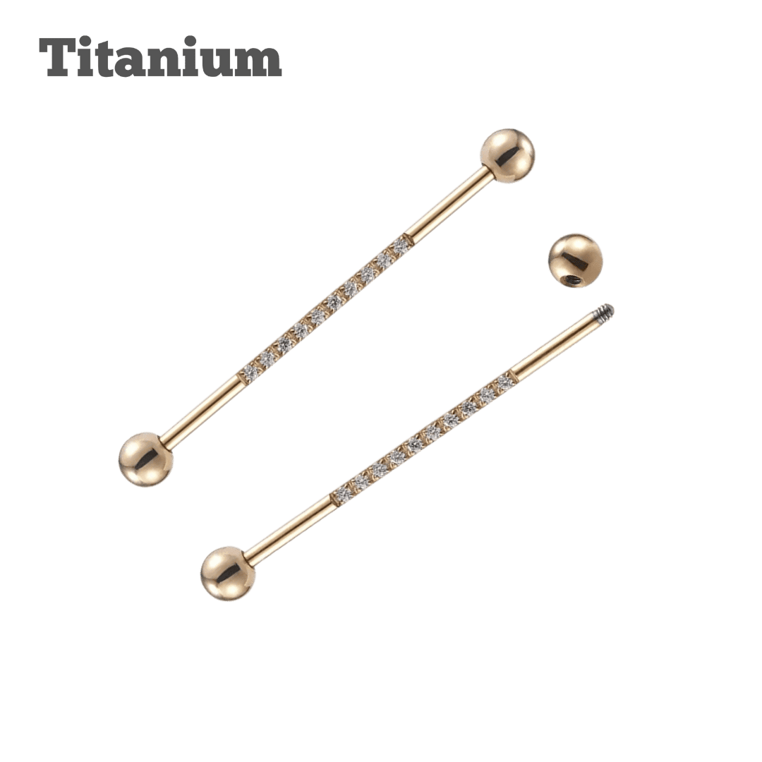 gold color titanium gem studded industrial barbell