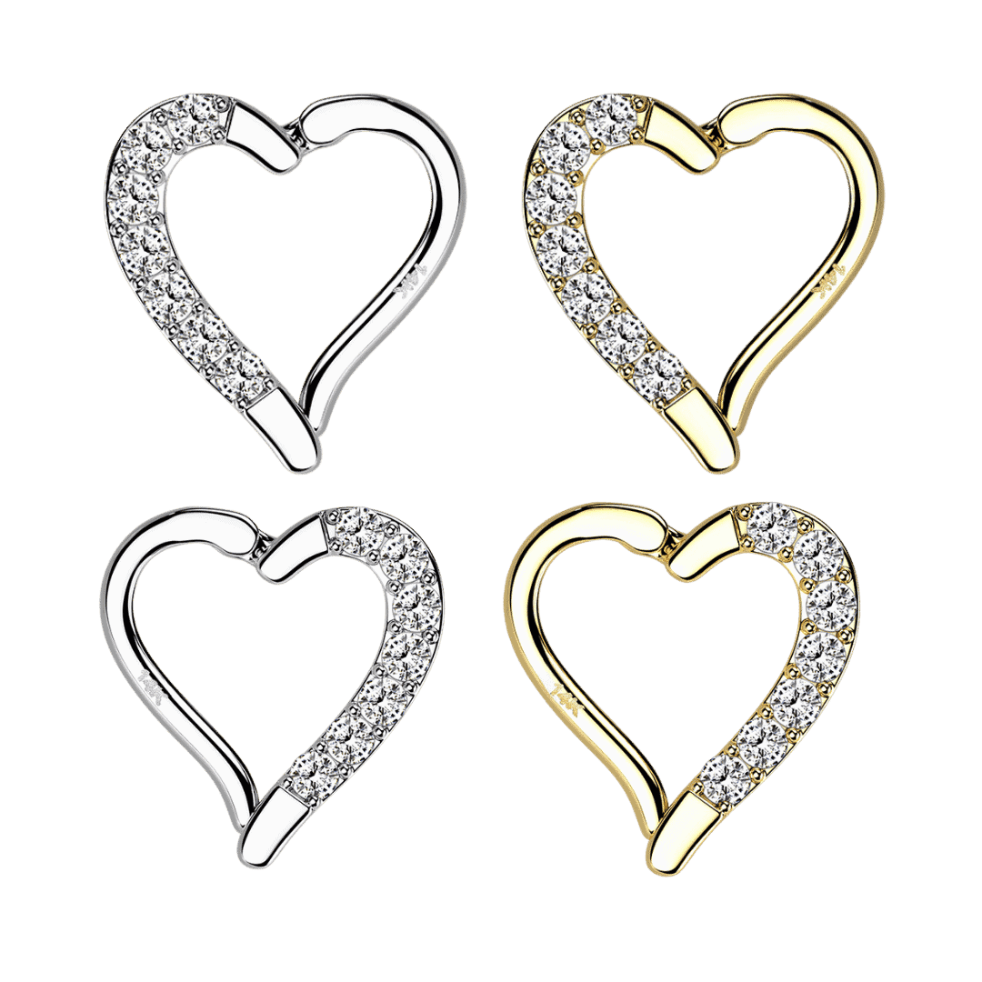 left side paved and right side paved heart hinged hoop 14k pure gold earring