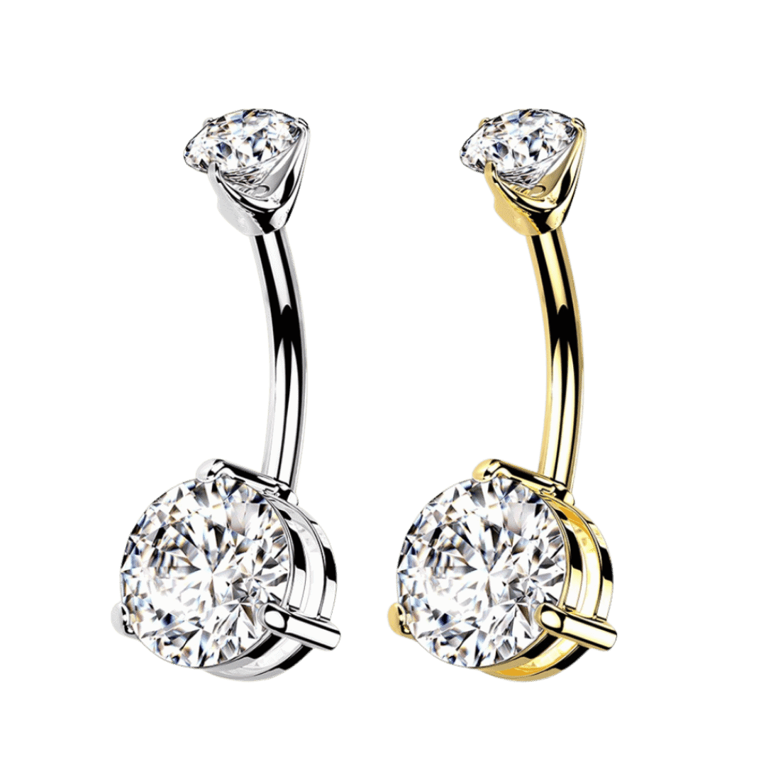 pronged gem belly barbell 14k pure gold