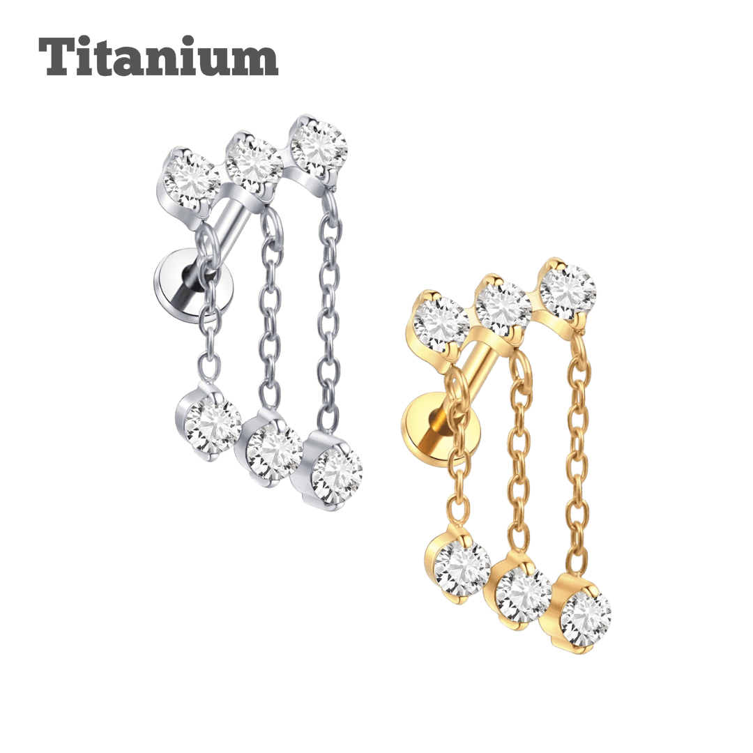 titanium dangling earring with 3 dangling chain with gem