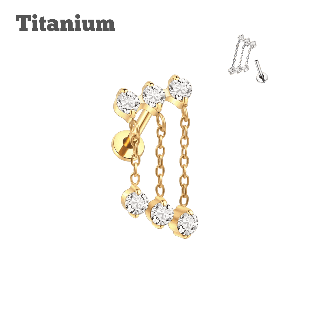 gold color ear piercing jewelry titanium 3 gem with 3 dangling labret