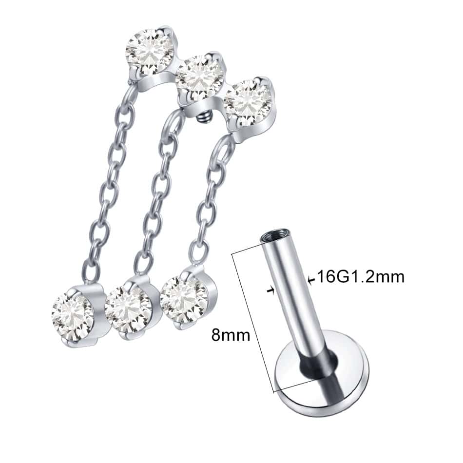 titanium 3 gem with dangling threaded labret earring size