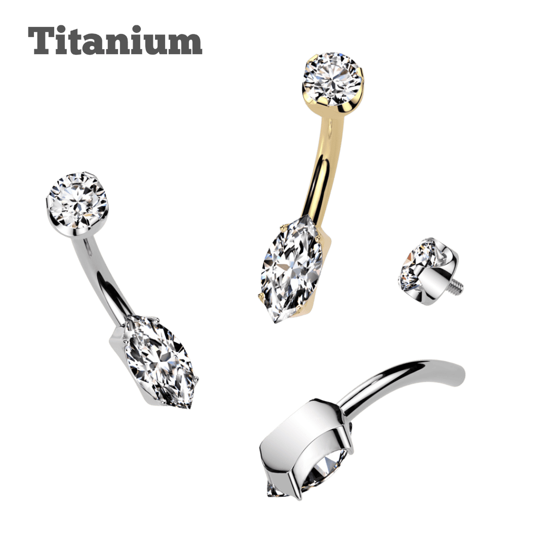titanium pronged gem top with marquis threaded curved barbell