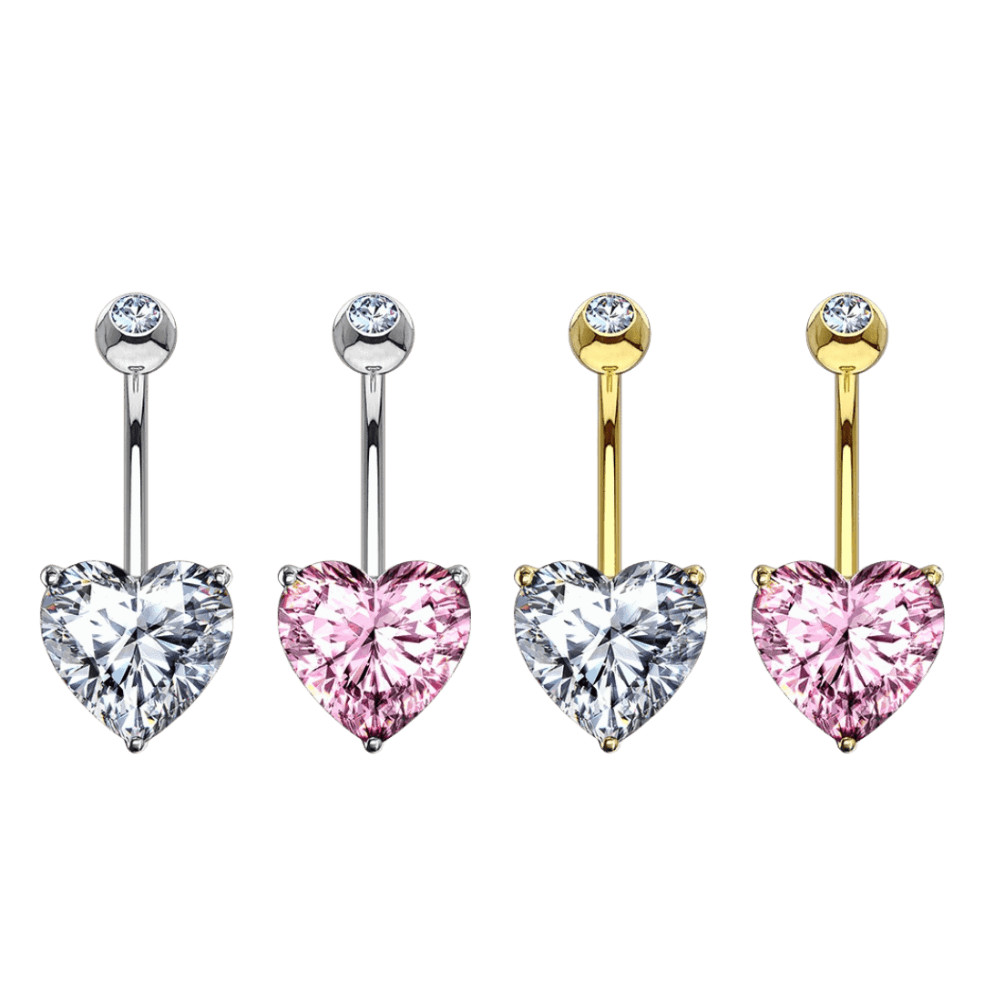 14k Gold Heart Gem Belly Barbell