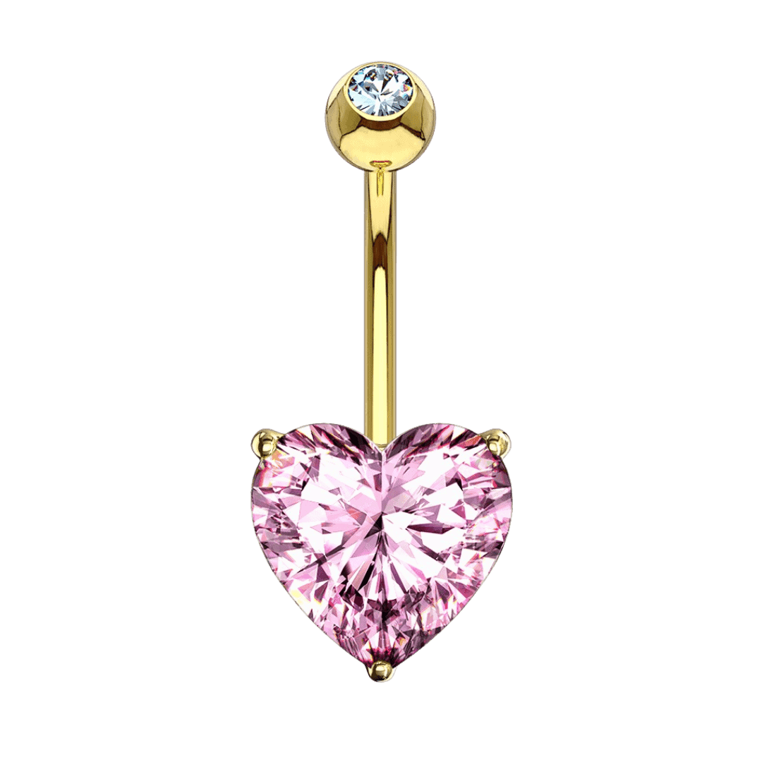 14k Gold Heart Gem Belly Barbell