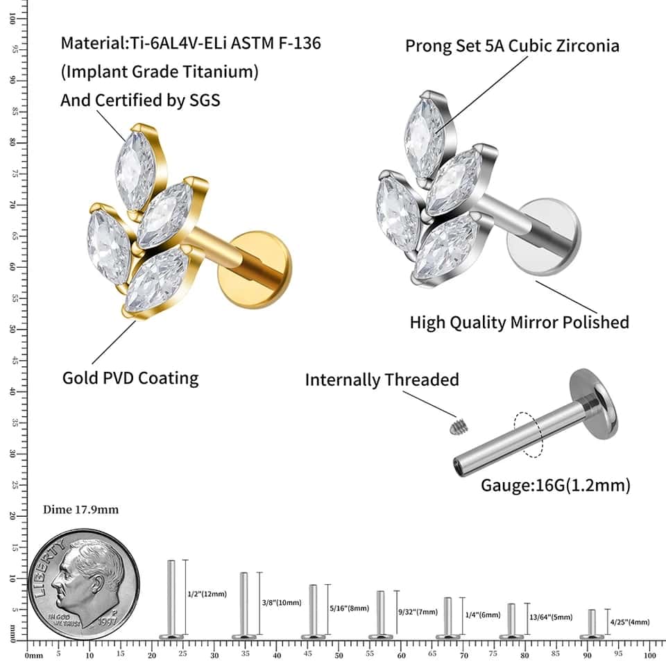 4 petals titanium labret earring size