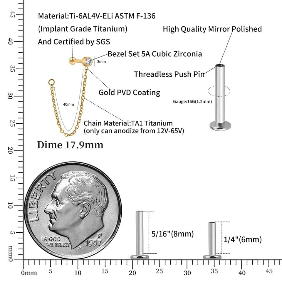 plain bezeled with chain titanium threadless labret earring size