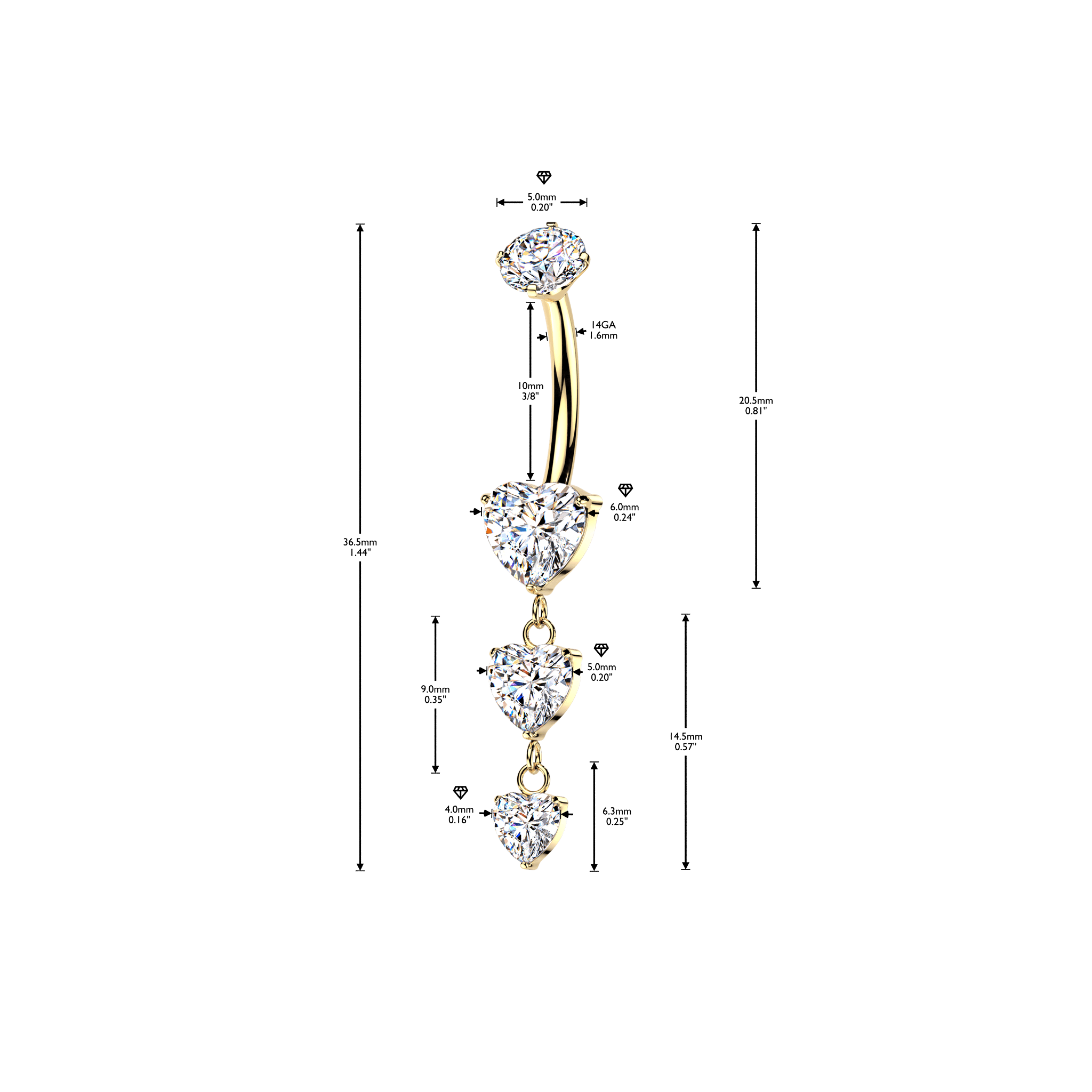 Titanium Dangling Heart Trio Belly Barbell