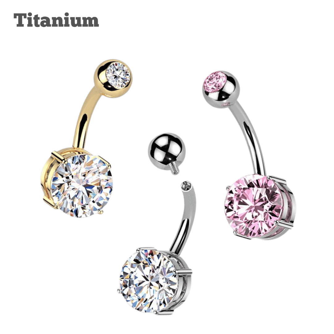 Titanium Round CZ Bezeled Top Belly Barbell