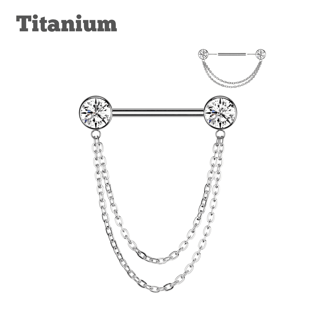 titanium bezeled gem with chain threadless straight barbell for body piercing