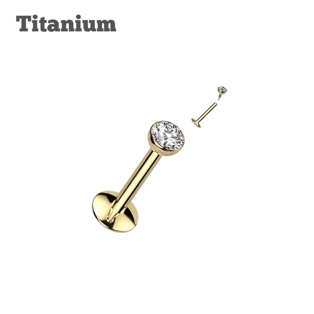 gold color titanium bezeled round gem threaded labret earring