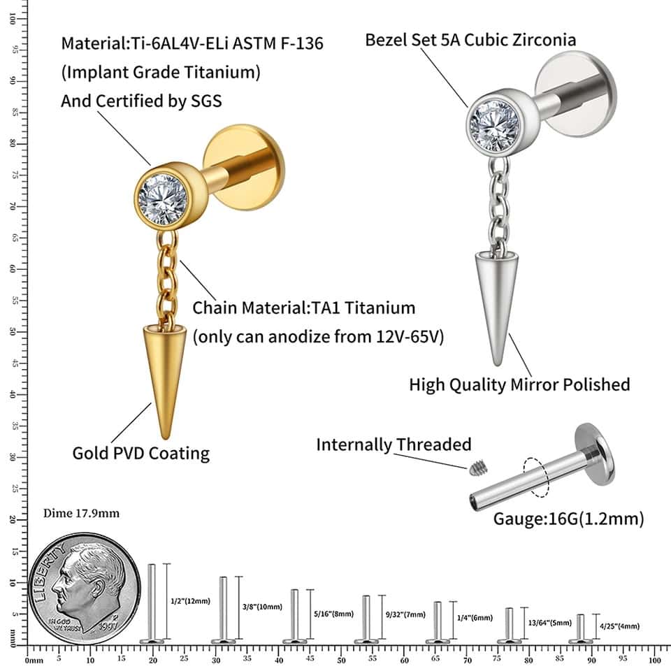 titanium dangling gem spike threaded labret size