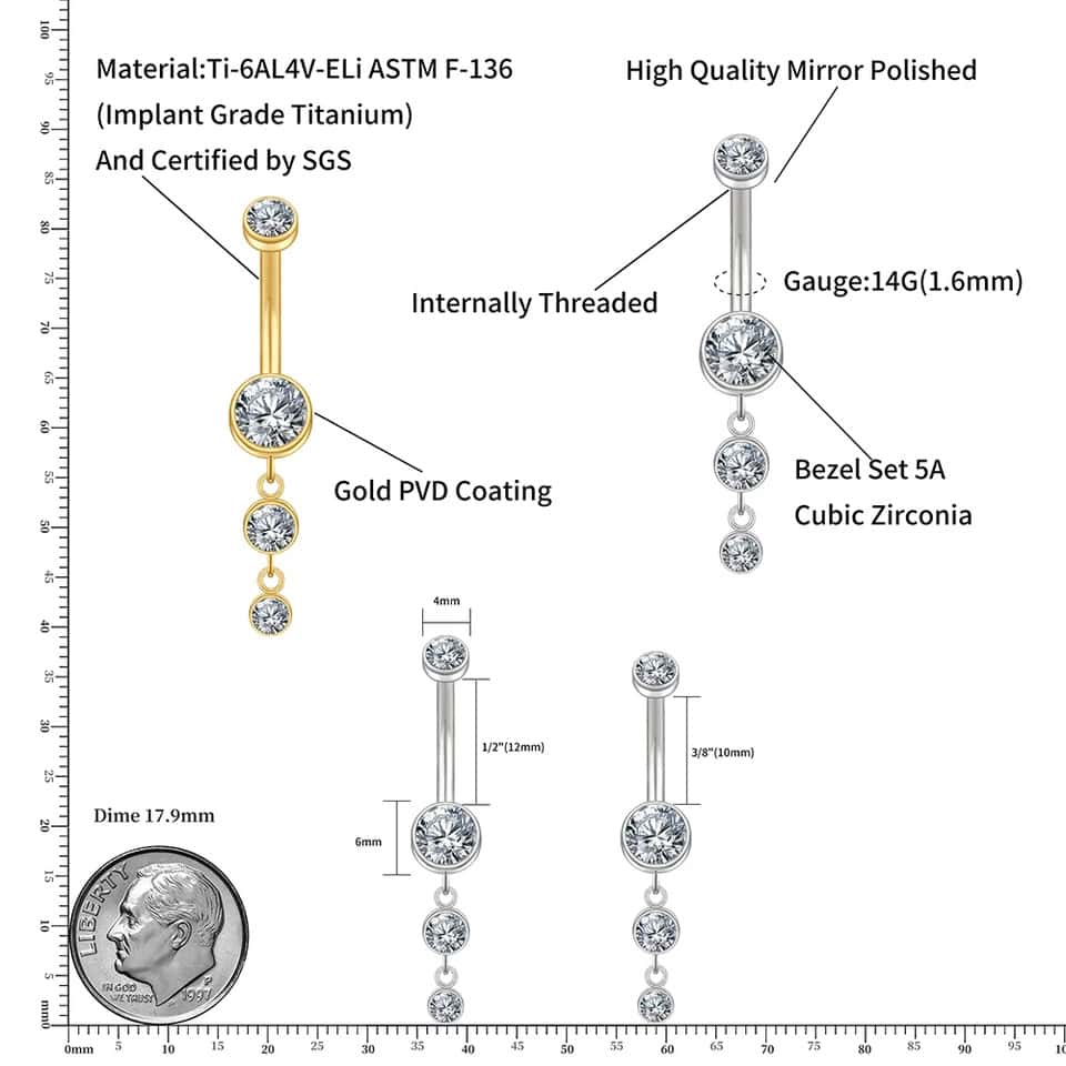 titanium dangling trio internally threaded belly barbell size