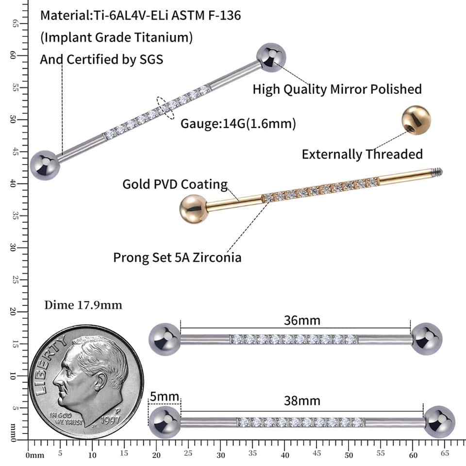 titanium gem studded industrial barbell size