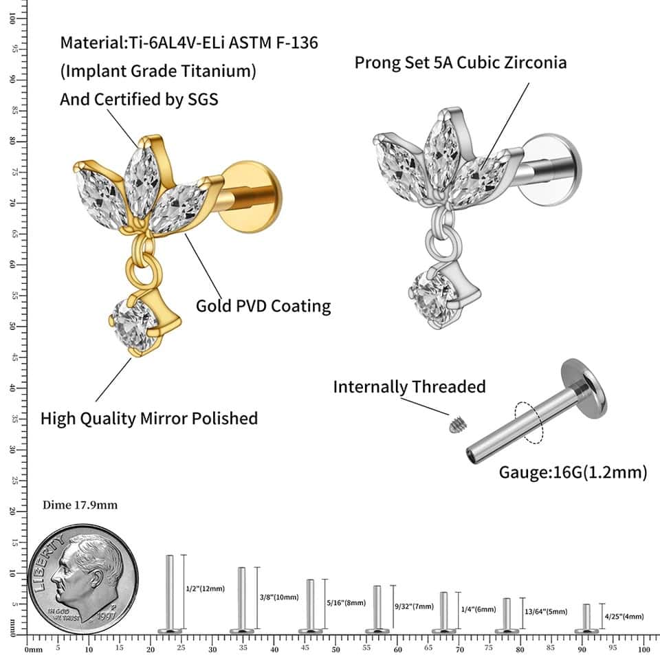 titanium lotus with dangling gem size