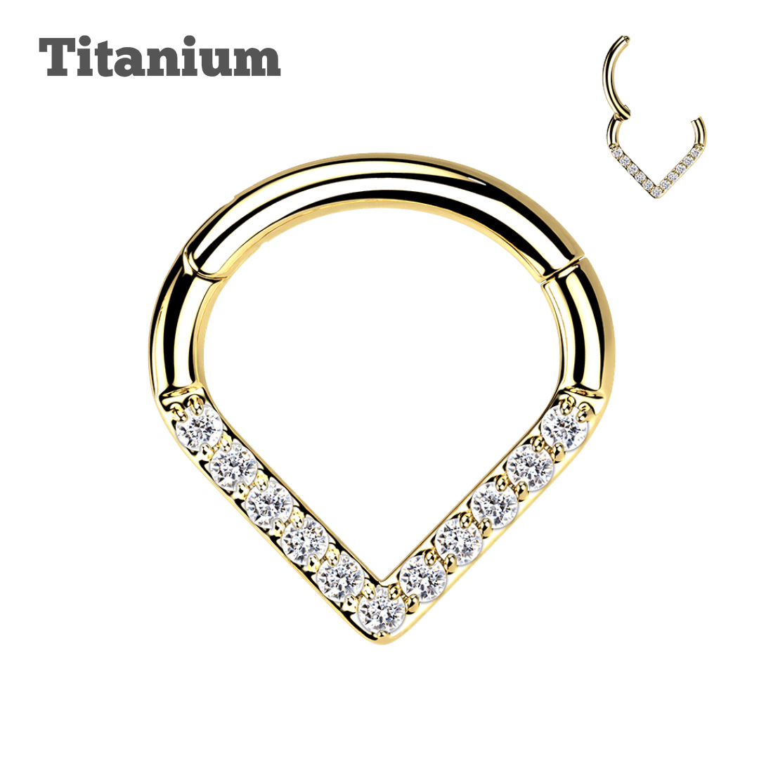 titanium paved v hinged hoop gold color