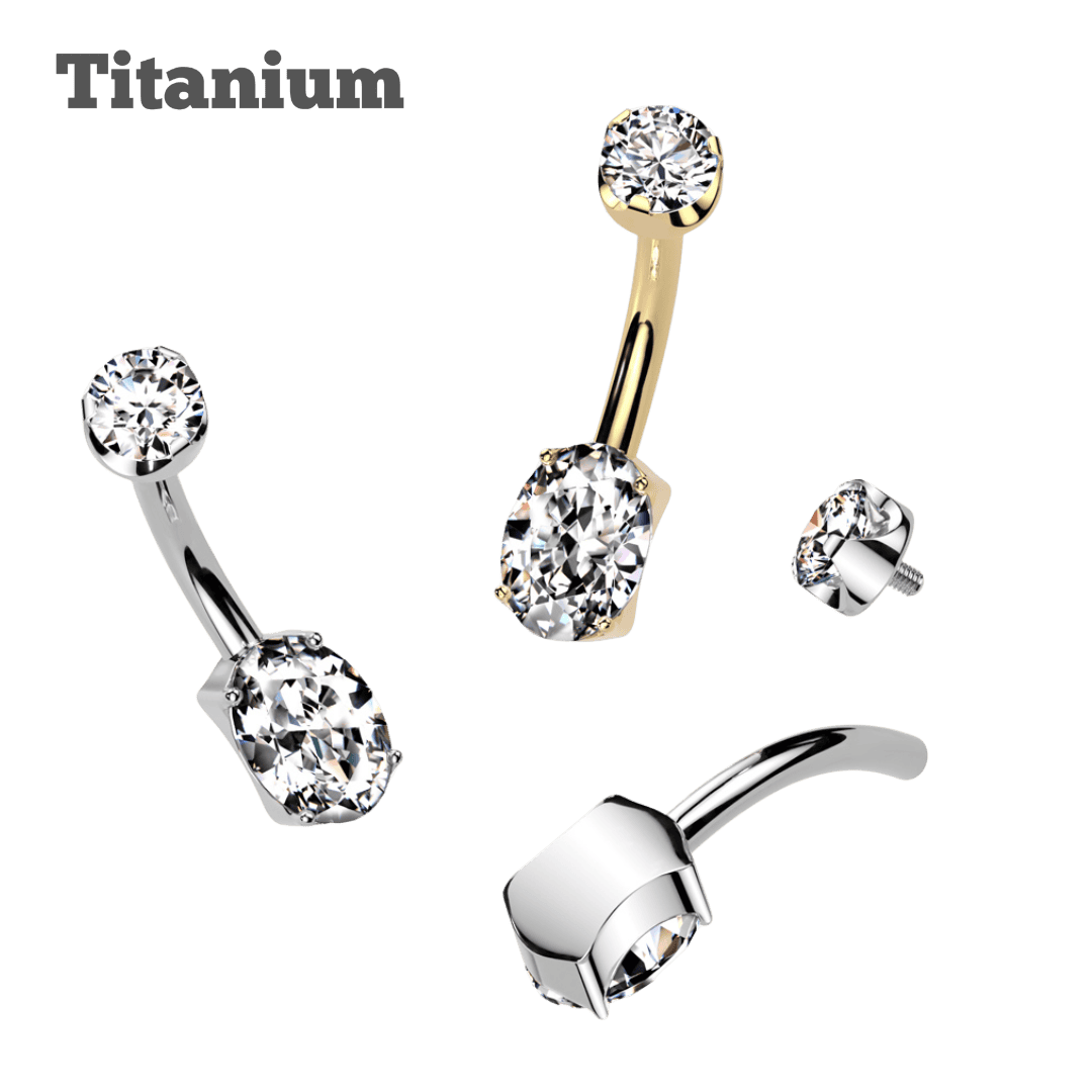 titanium pronged top with oval gem threaded curved barbell body jewelry