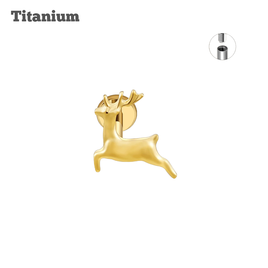 Gold deer-shaped charm on a black background with 'Titanium' text above.