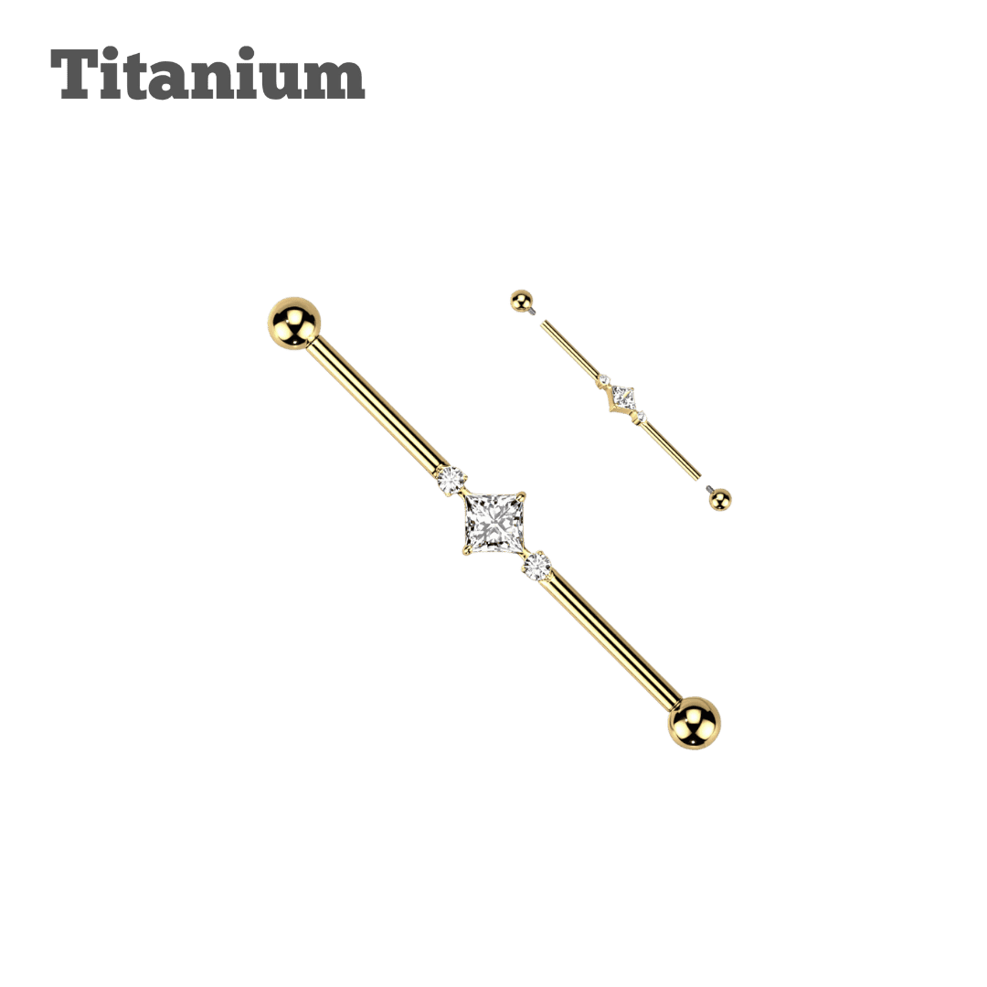 gold color titanium square gem industrial barbell