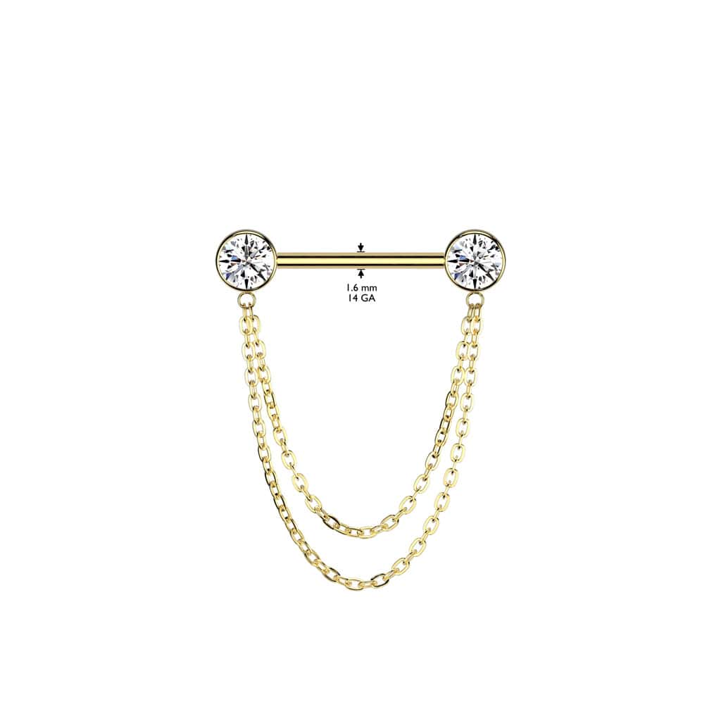 titanium bezeled gem with chain straight barbell body jewelry size