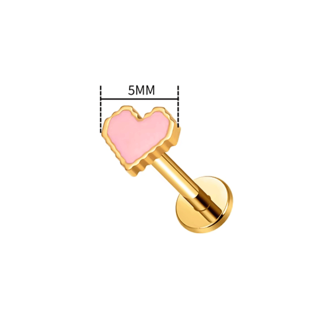 Heart-shaped gold and pink earring on a white background with measurement label.