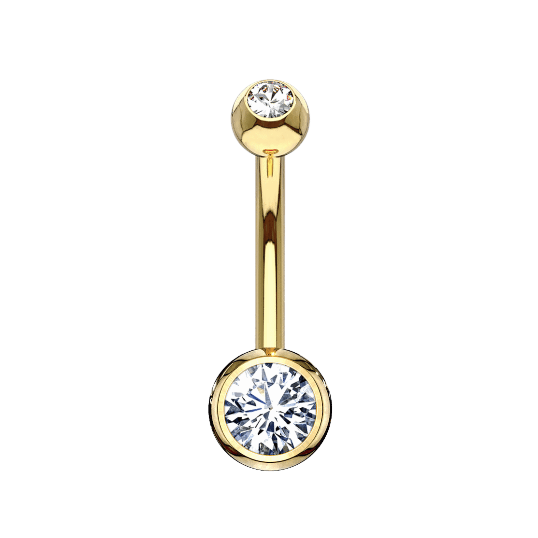 14k yellow gold bezeled gem ends curved barbell