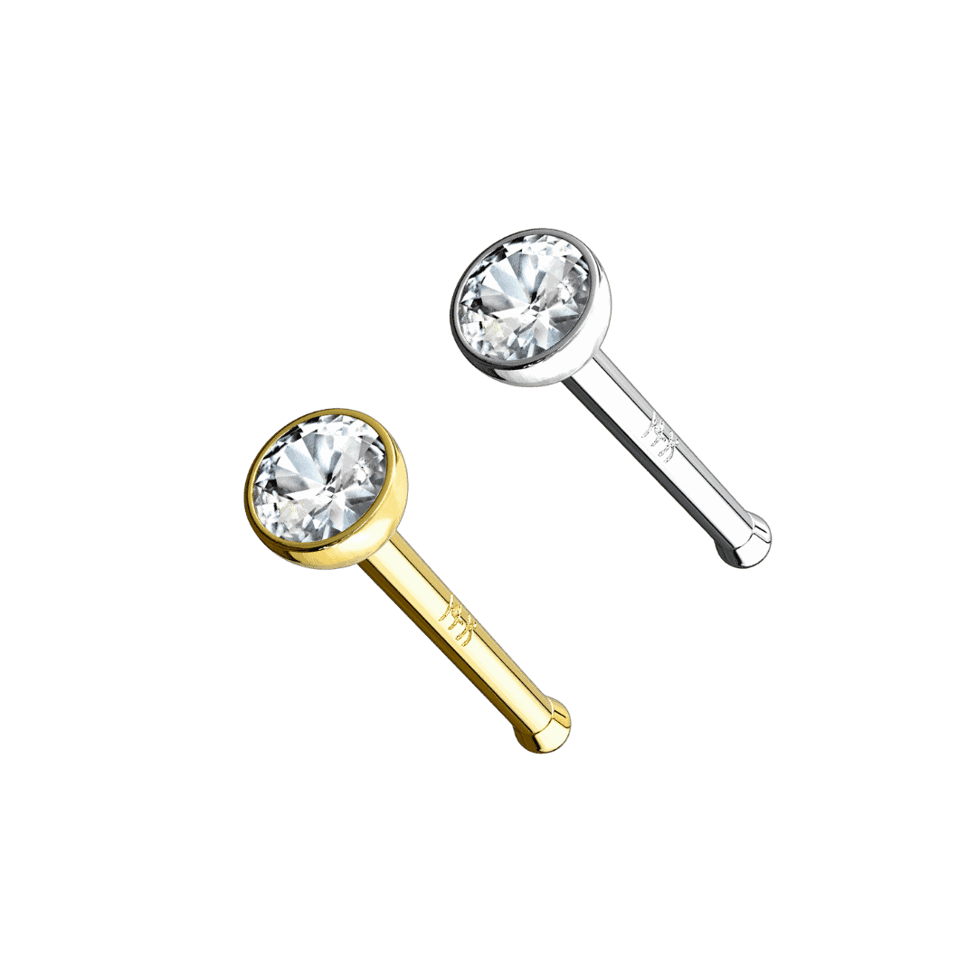 2mm bezeled gem nose stud 14k pure gold