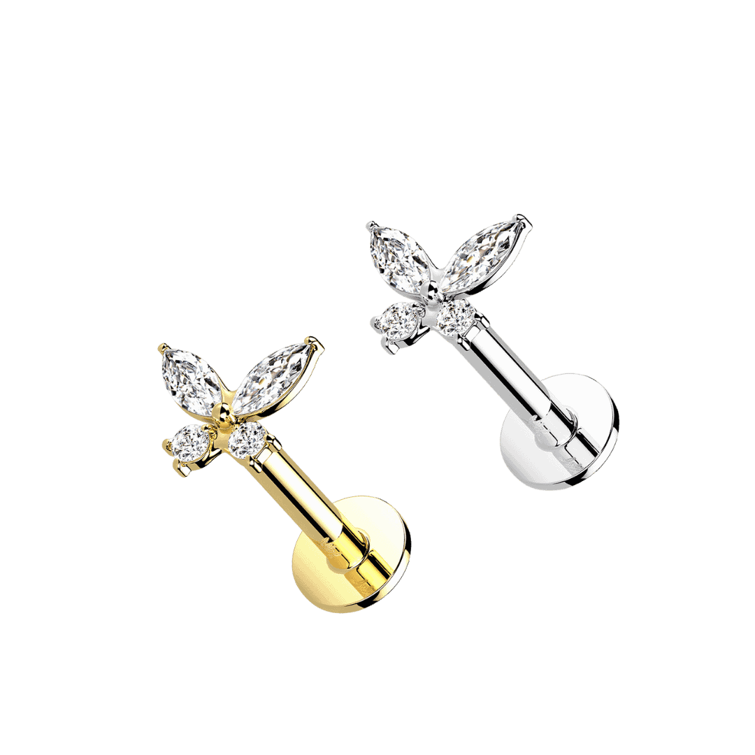 butterfly gem threadless labret 14k pure gold ear piercing jewelry