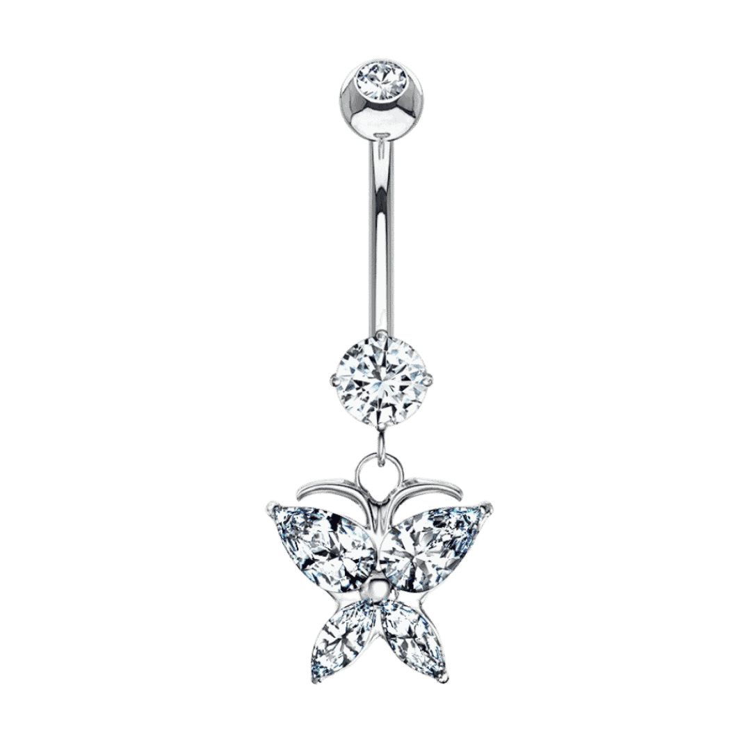 14k white gold belly jewelry dangling butterfly barbell