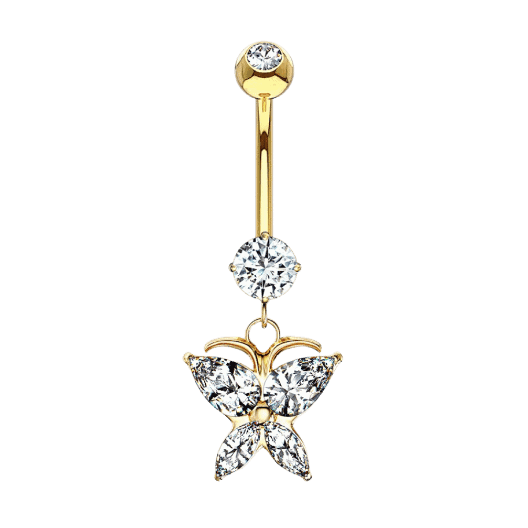 dangling butterfly gem belly barbell 4k yellow gold