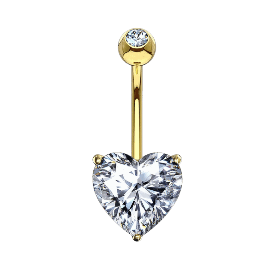 14k yellow gold heart gem belly barbell