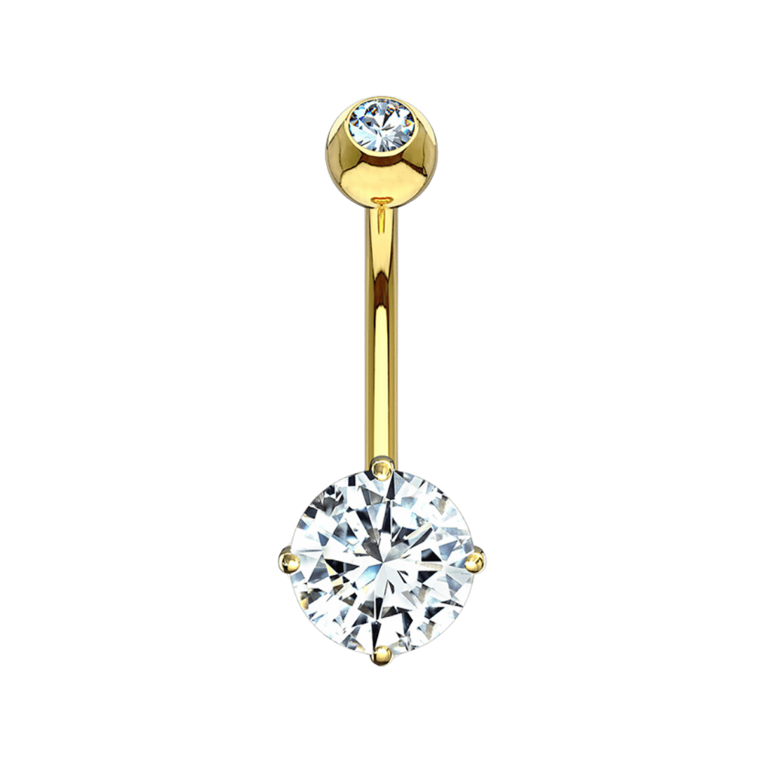 belly barbell 14k yellow gold round cz ends