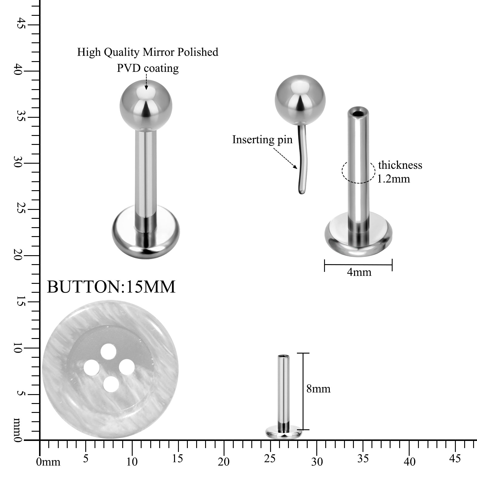 titanium ball top threadless labret earring size