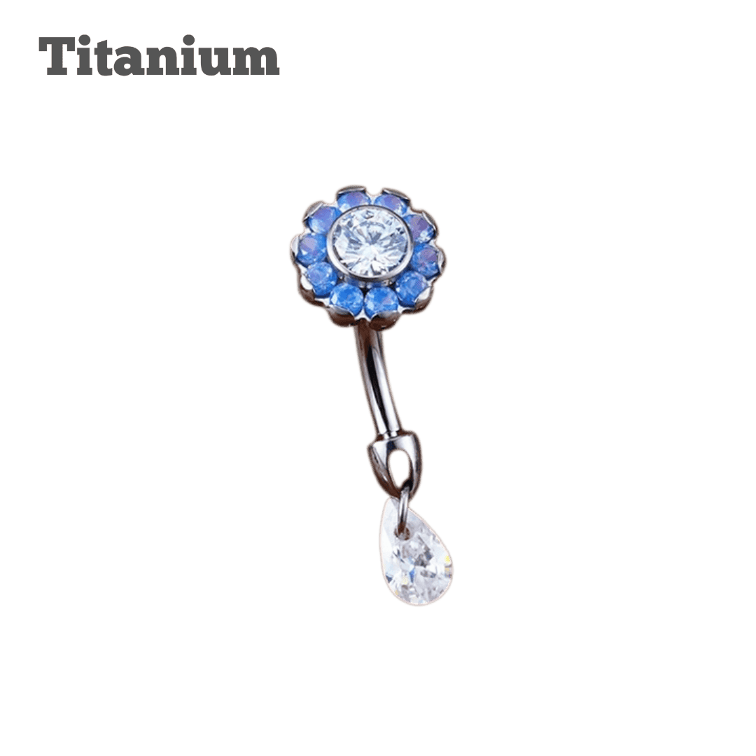 Titanium Daisy Top with Dangling Gem Threaded Curved Barbell