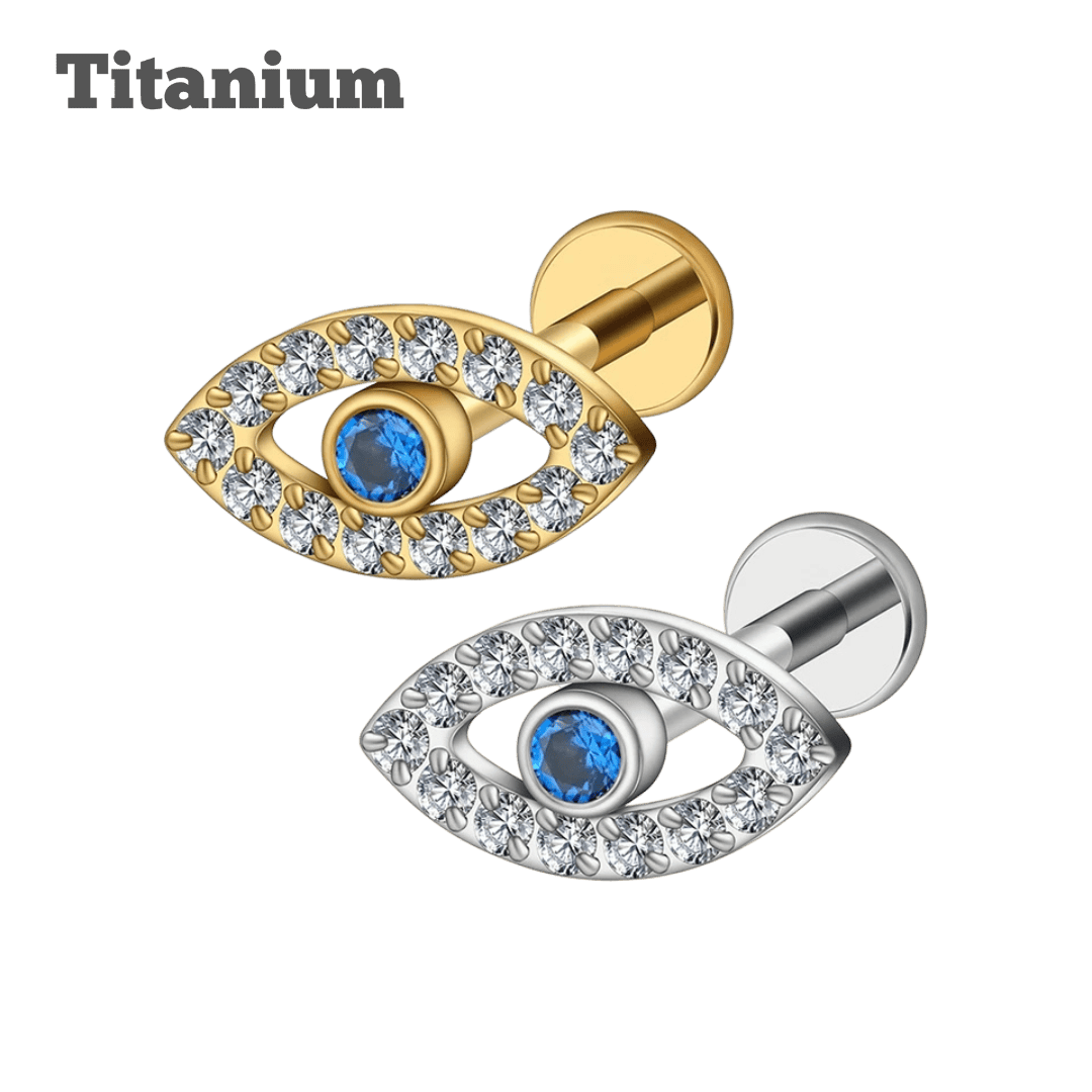 titanium blue evil eye threaded labret earring