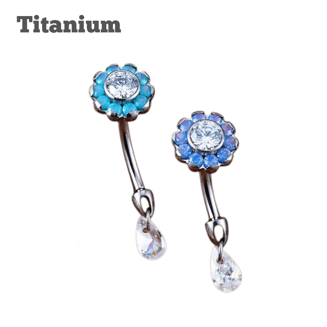 Titanium Daisy Top with Dangling Gem Threaded Curved Barbell