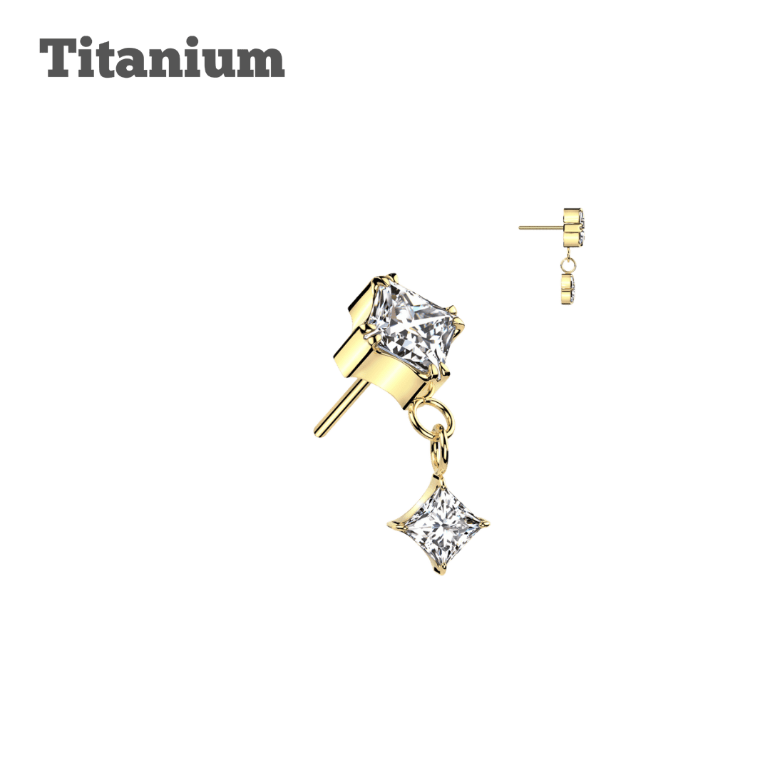 gold color dangling square gem titanium threadless top earring