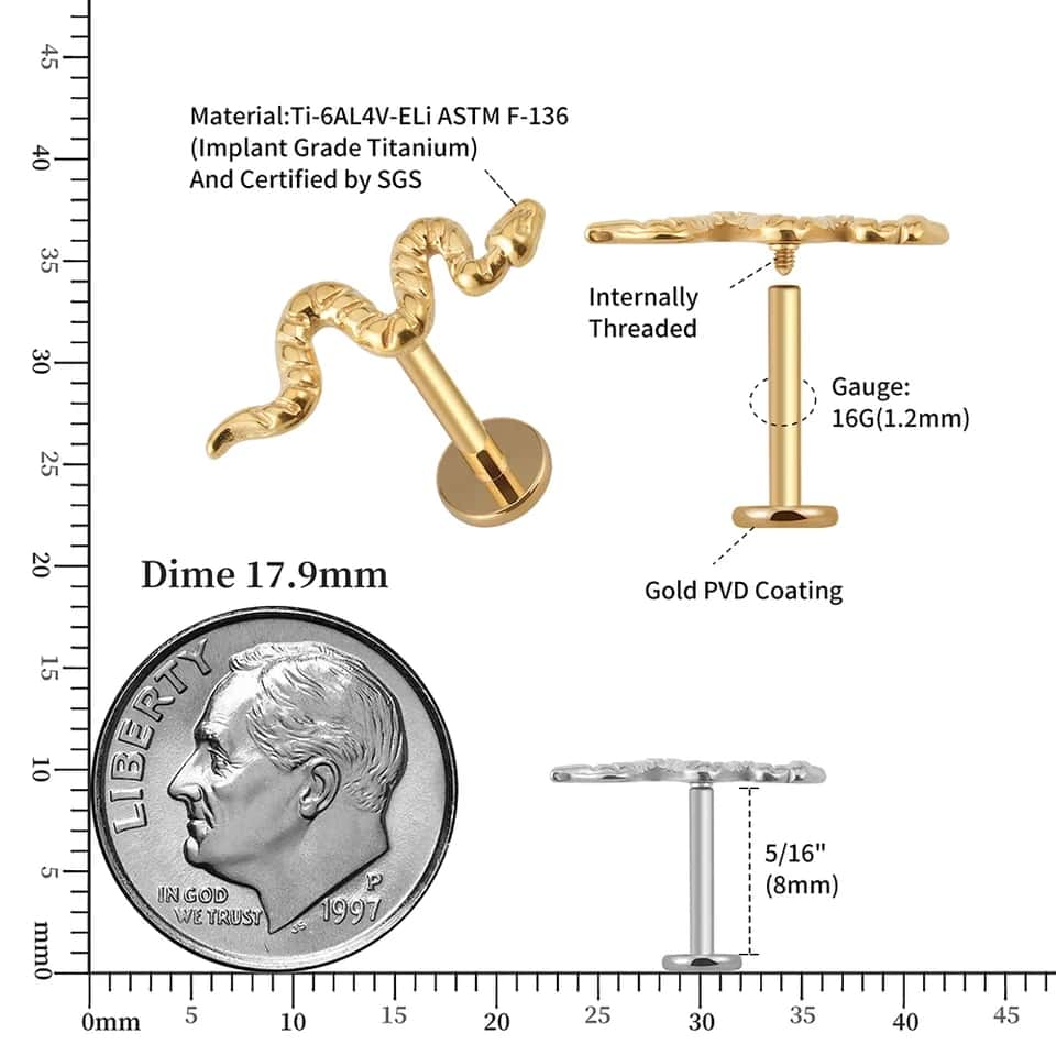 titanium snake threaded labret earring size