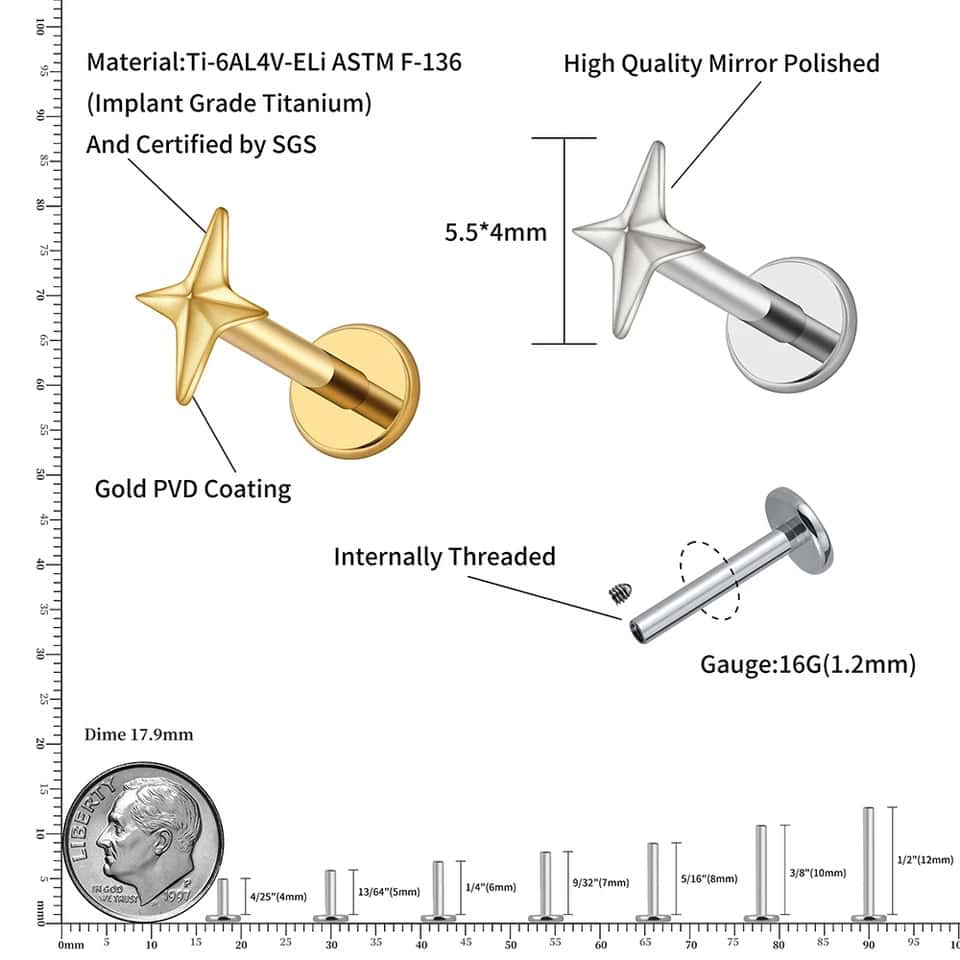 titanium sparkle internally threaded labret earring size