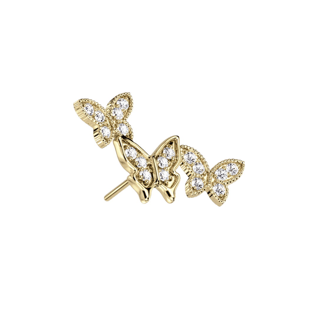 14k yellow gold triple butterflies threadless top lobe piercing jewelry